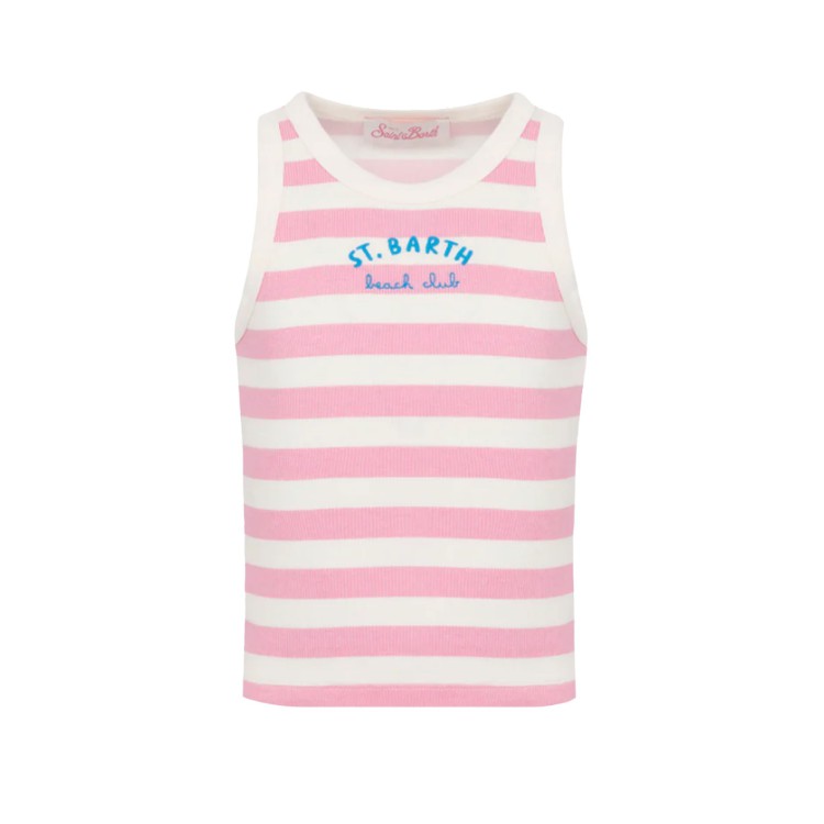 SAINT BARTH Canotta a righe rosa con logo ricamato bambina