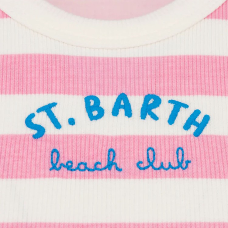 SAINT BARTH Canotta a righe rosa con logo ricamato bambina