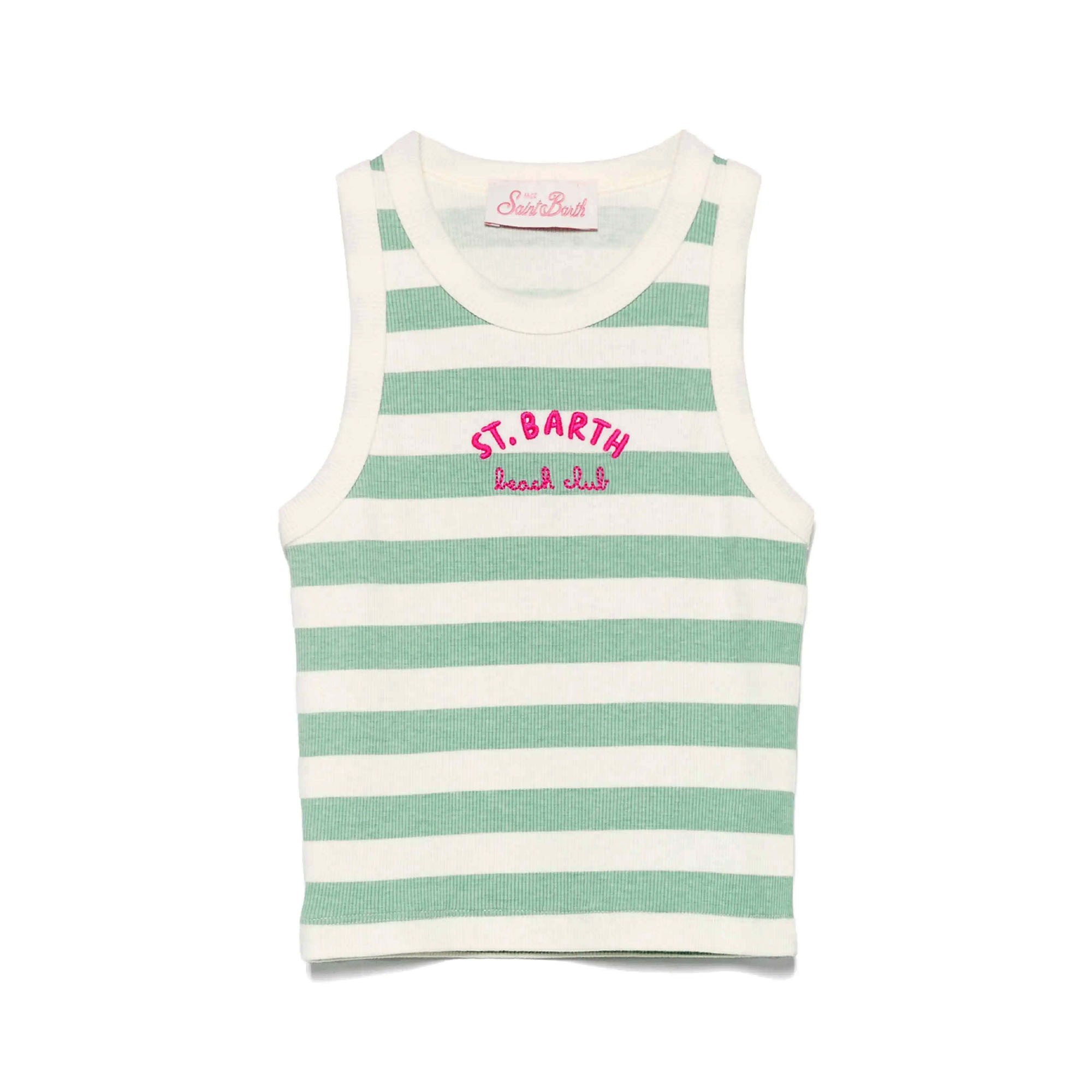 SAINT BARTH Canotta a righe verdi con logo ricamato bambina