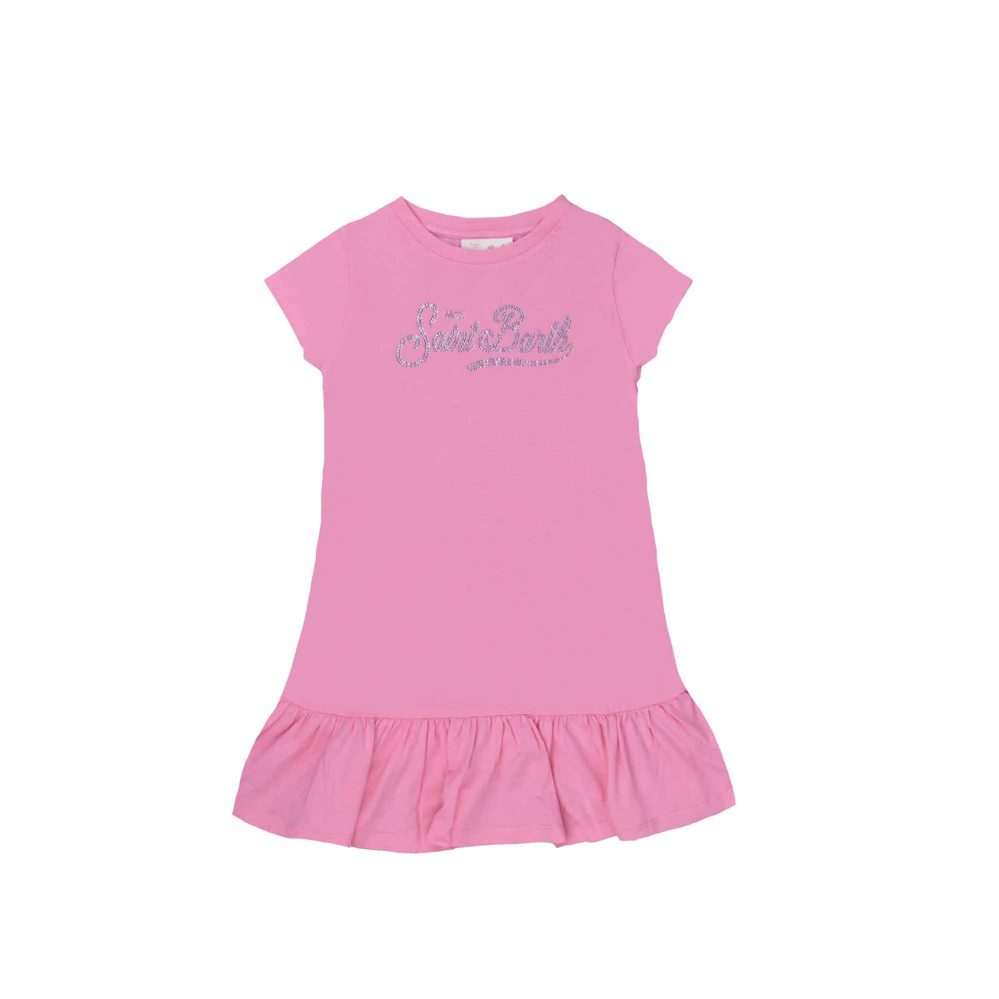 SAINT BARTH Abito rosa con logo strass bambina