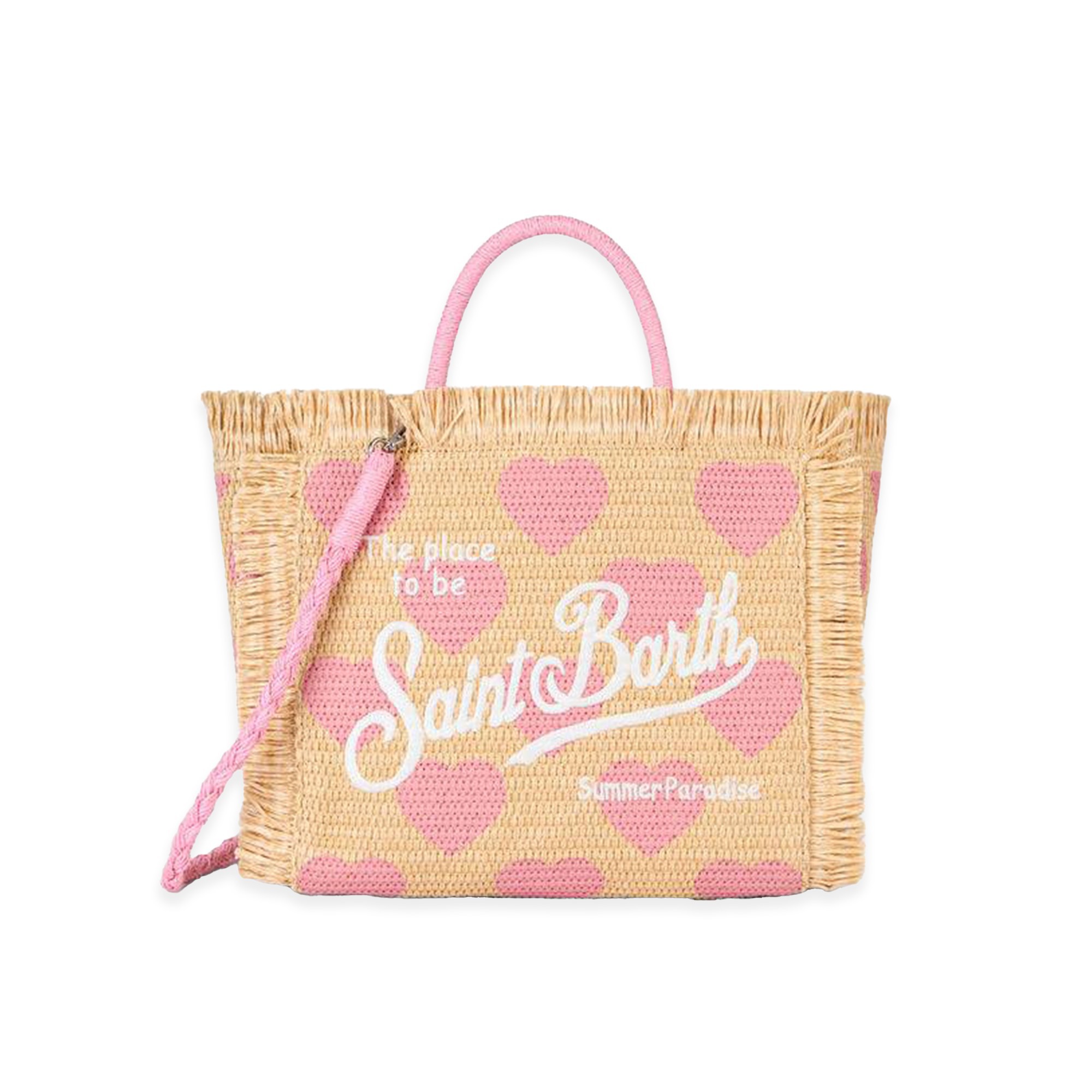 SAINT BARTH Borsa Colette in rafia cuori rosa all-over bambina