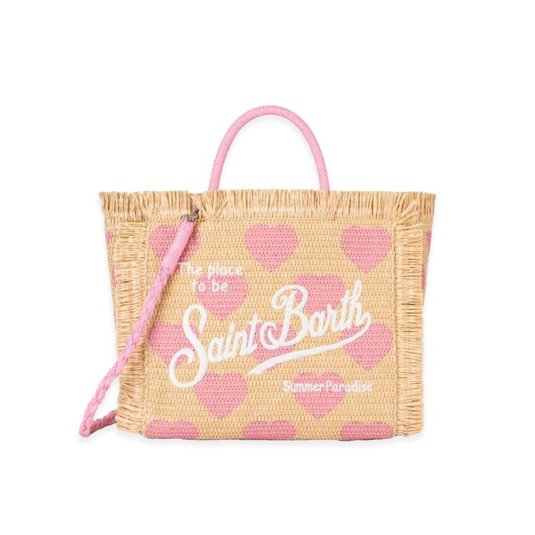 SAINT BARTH Borsa Colette in rafia cuori rosa all-over bambina