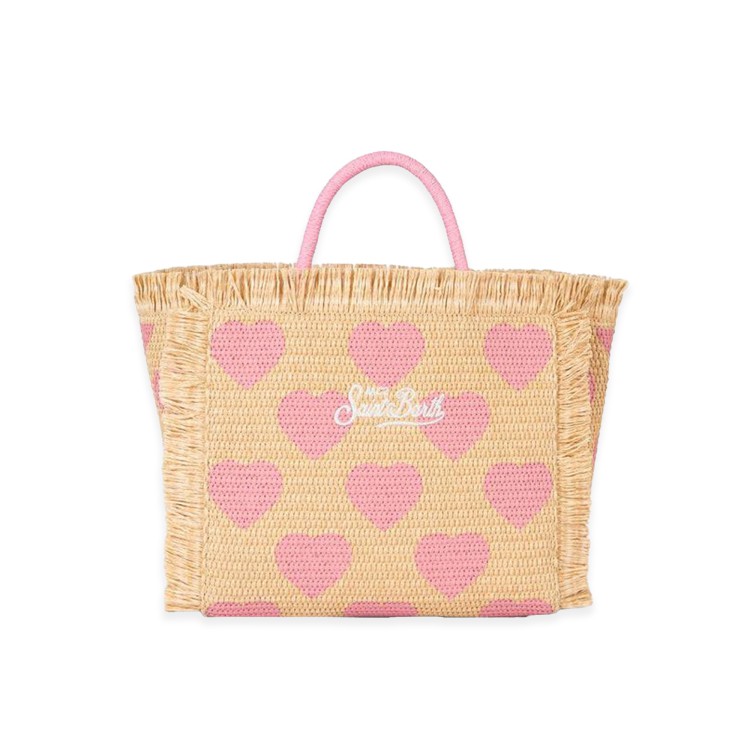 SAINT BARTH Borsa Colette in rafia cuori rosa all-over bambina