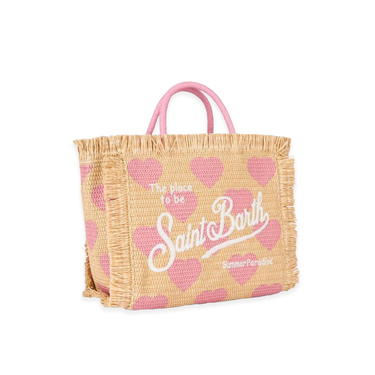 SAINT BARTH Borsa Colette in rafia cuori rosa all-over bambina
