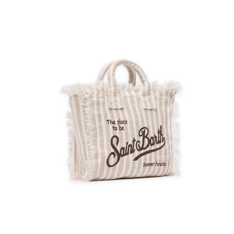 SAINT BARTH Borsa Vanity mini in lino a righe beige bambina