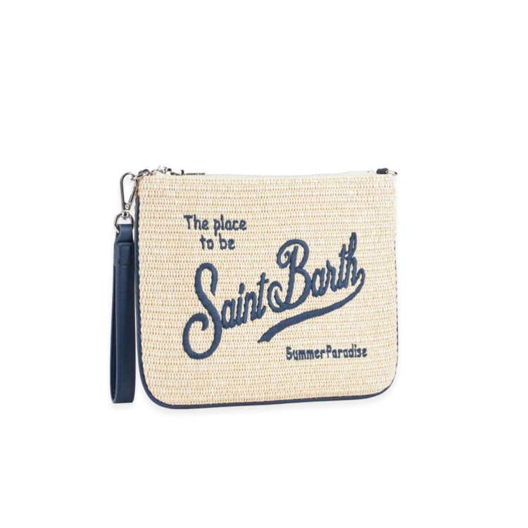 SAINT BARTH Pochette in paglia chiara con profili blu bambina