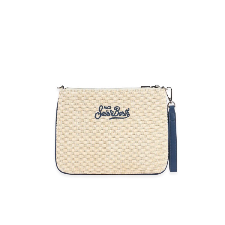 SAINT BARTH Pochette in paglia chiara con profili blu bambina