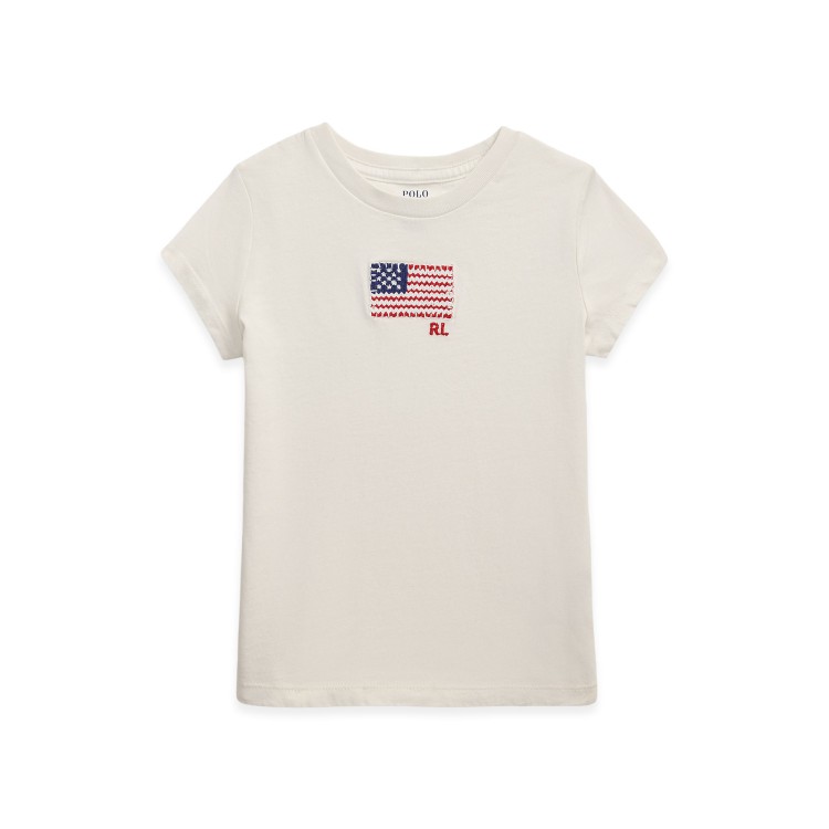 RALPH LAUREN T-shirt crema con bandiera ricamata bambina