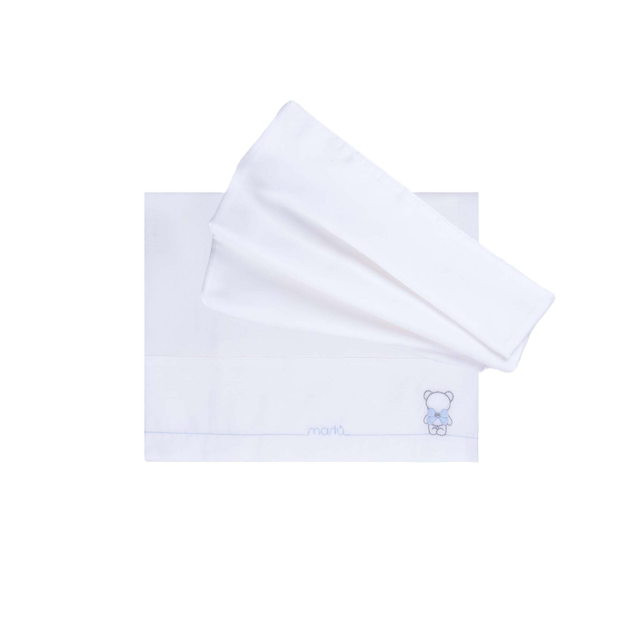 MARLU' Set lenzuolino bianco ricami azzurri neonato