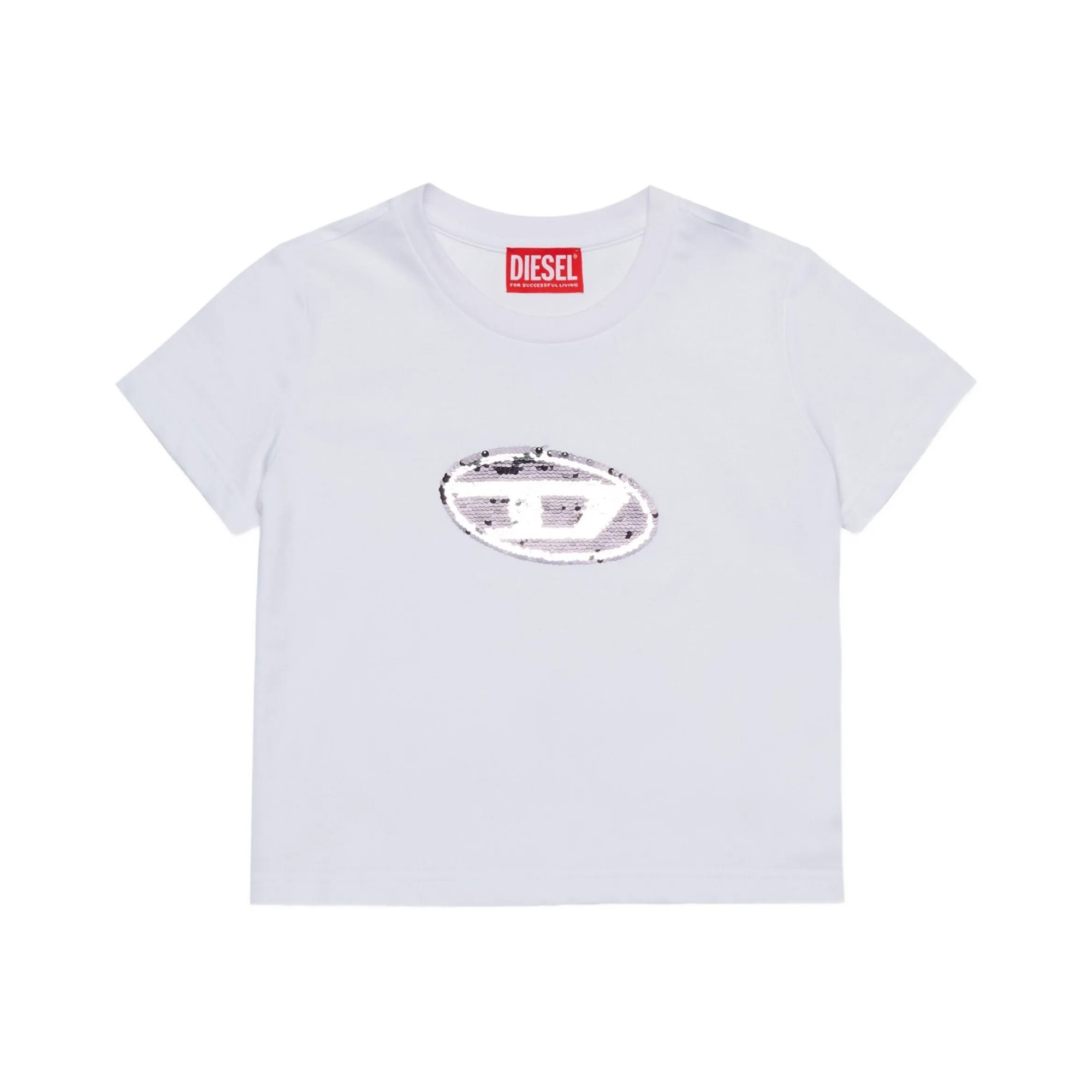 DIESEL T-shirt bianca con logo paillettes bambina