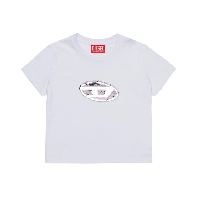 DIESEL T-shirt bianca con logo paillettes bambina