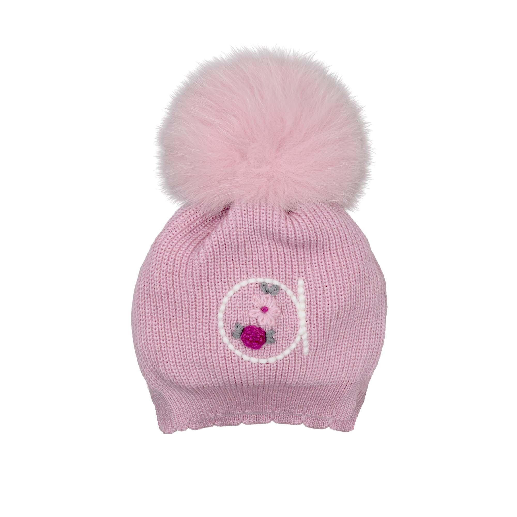 MARLU' Cappellino marsala con ricamo e pom pom neonata