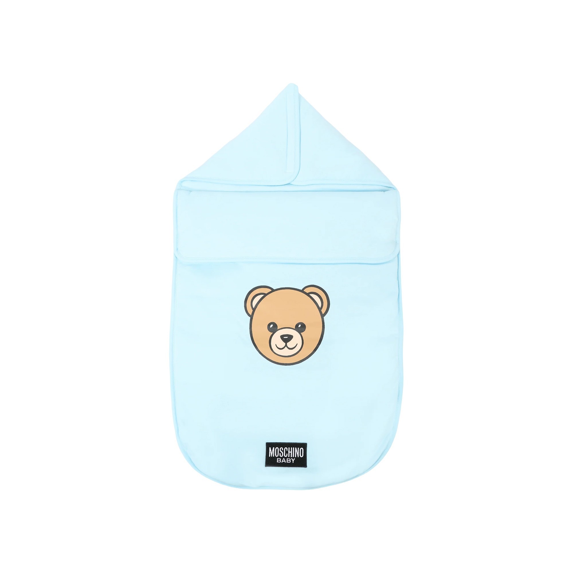 MOSCHINO Sacco nanna celeste con logo Bear neonato