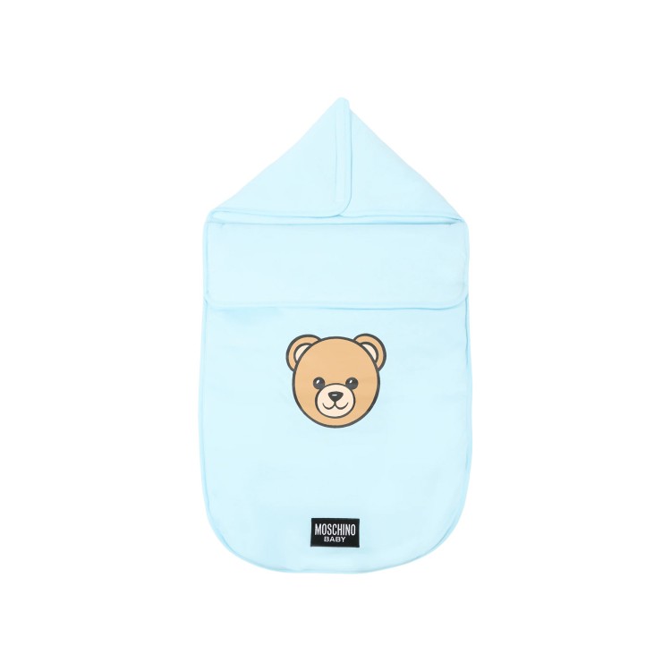 MOSCHINO Sacco nanna celeste con logo Bear neonato