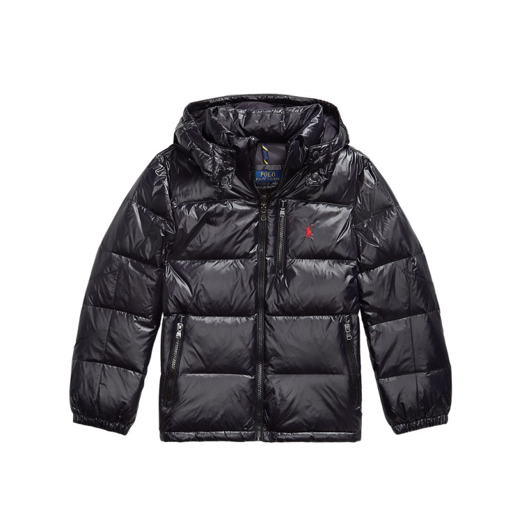 RALPH LAUREN Bomber nero lucido logo rosso bambina