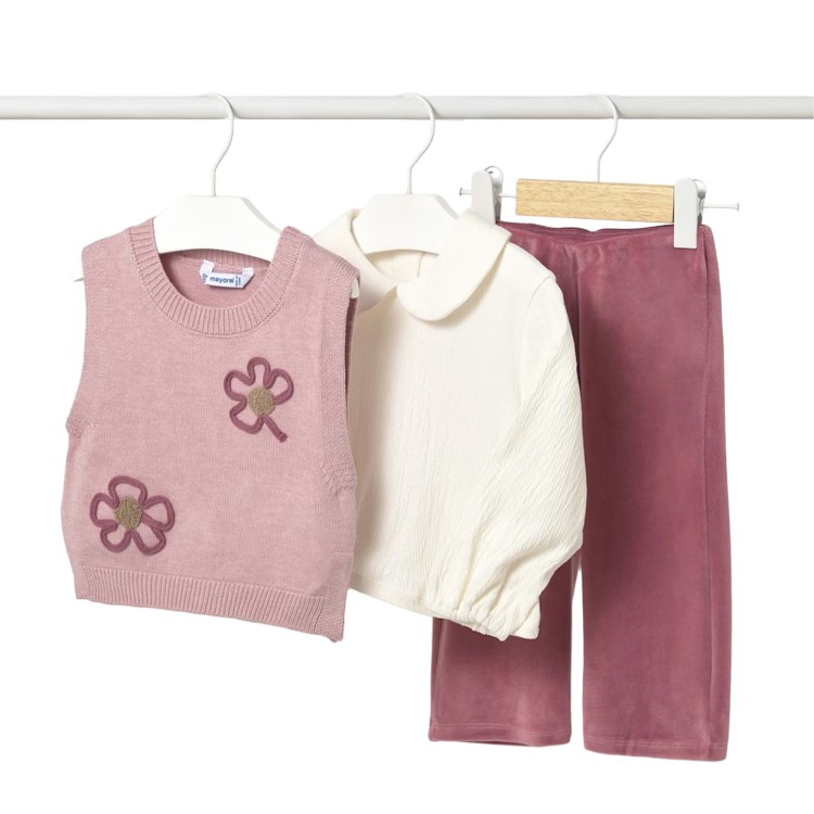 MAYORAL Completo 3 pezzi rosa con gilet neonata