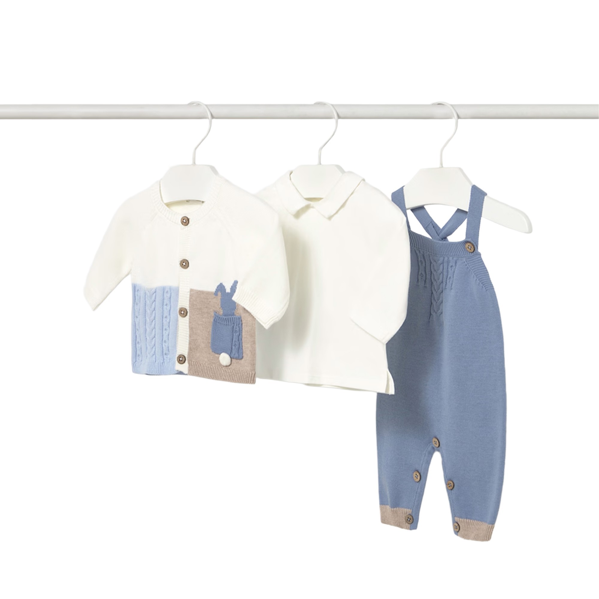 MAYORAL NEWBORN Completo 3 pezzi bianco e azzurro neonato