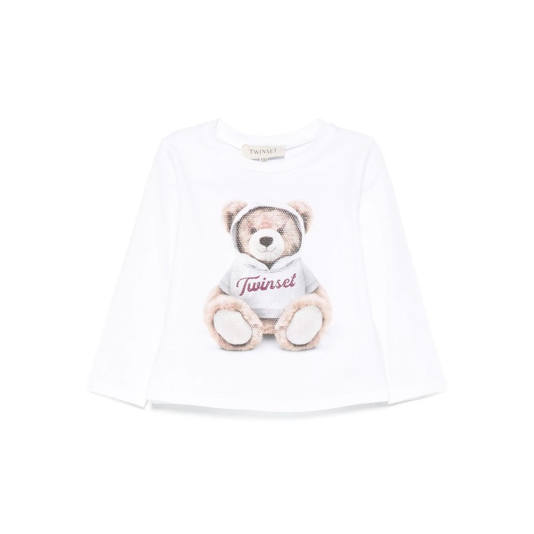 TWIN-SET T-shirt bianca a maniche lunghe stampa teddy bambina