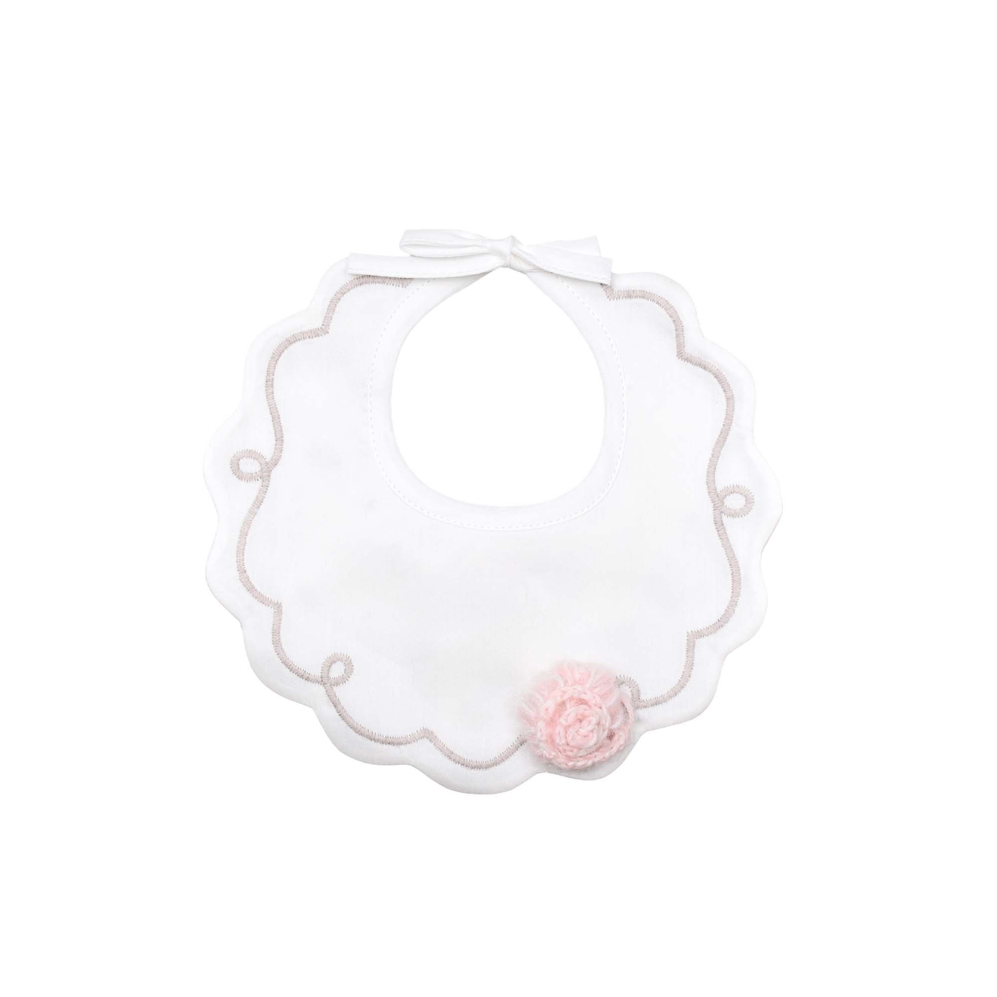 MARLU' Bavetta bianca con ricamo tortora neonata