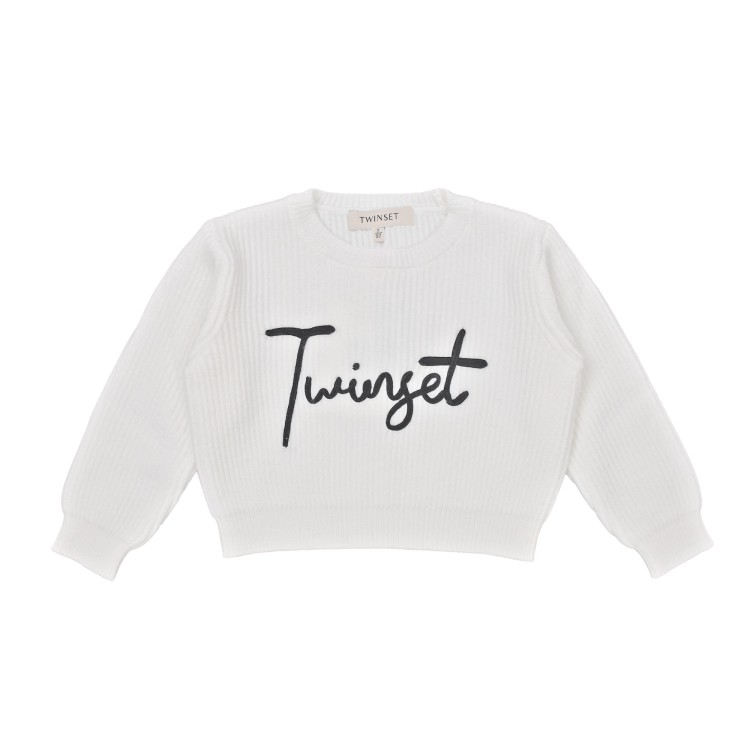TWIN-SET Maglione bianco a coste con logo bambina
