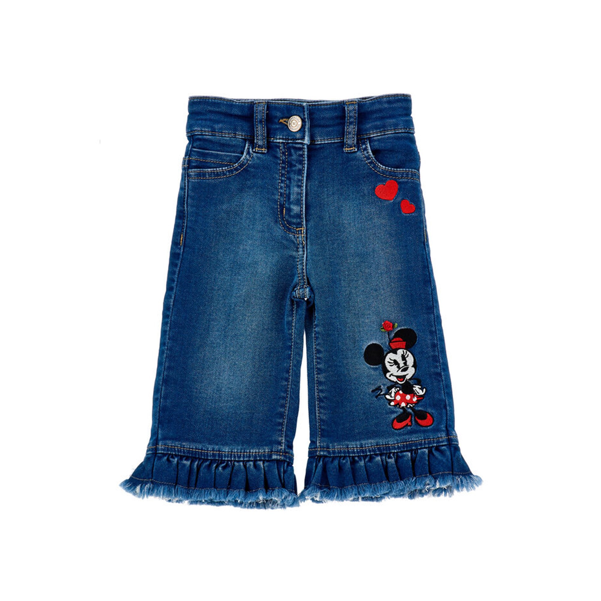 MONNALISA Jeans con ricamo Minnie e volant bambina