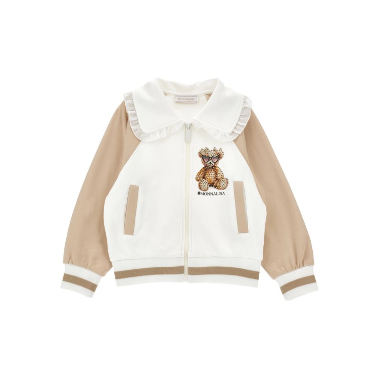 MONNALISA Felpa varsity bianca e sabbia con orsetto bambina