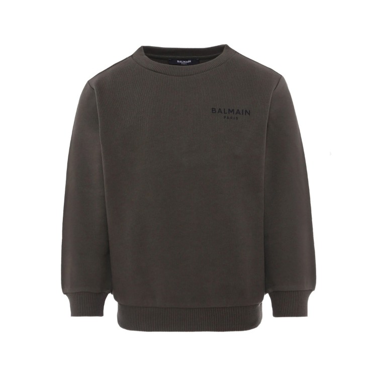 BALMAIN Felpa kaki girocollo con logo nero bambini