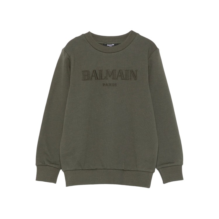 BALMAIN Felpa verde girocollo con logo ricamato bambini