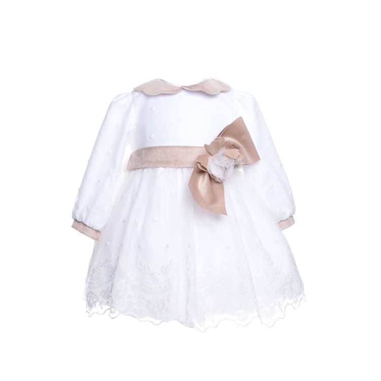 MARLU' Abitino bianco con dettagli beige neonata