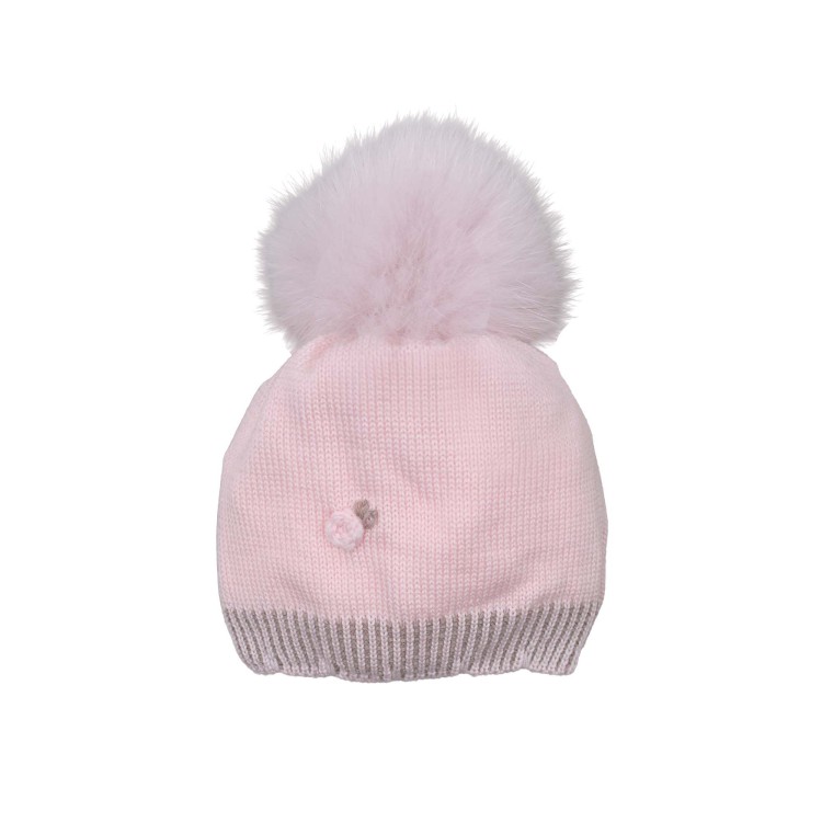 MARLU' Cappellino rosa ricamo e pom pom neonata