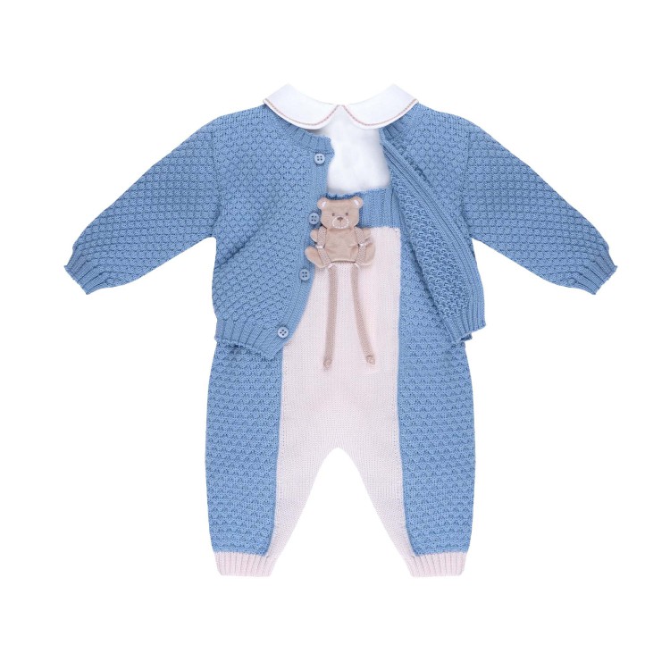 MARLU' Set 3 pezzi celeste orsetto con salopette neonato