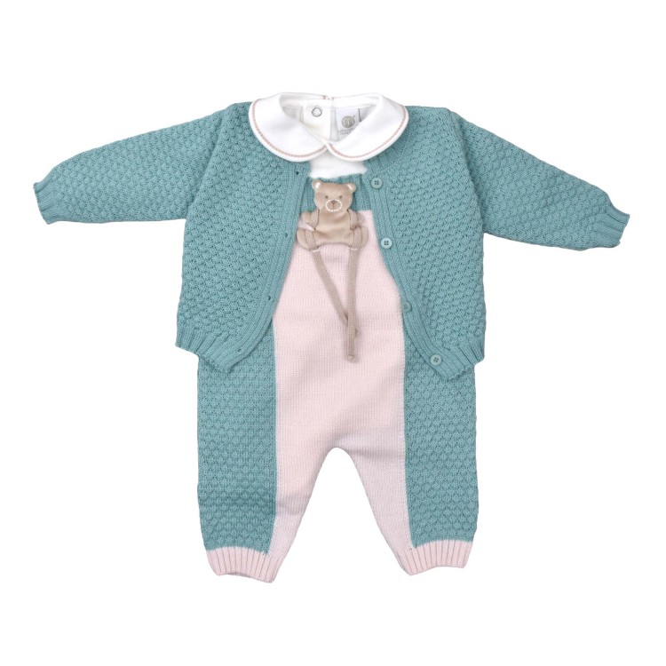 MARLU' Set 3 pezzi salvia orsetto con salopette neonati