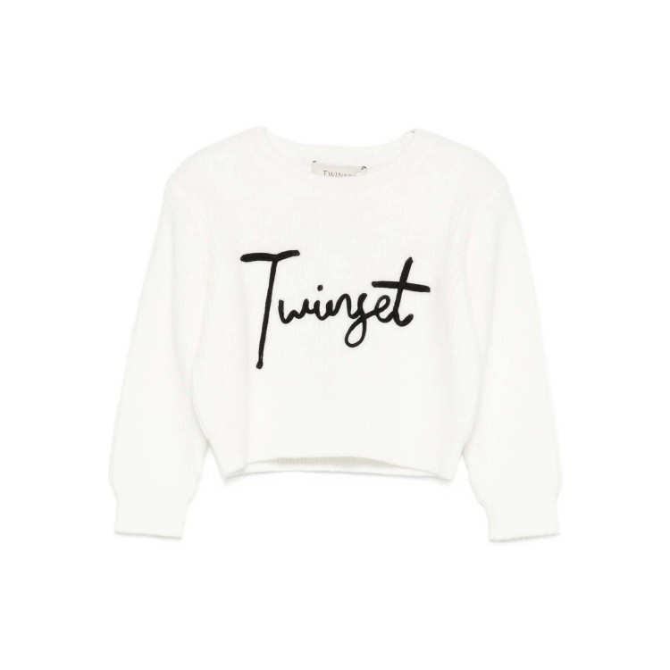 TWIN-SET Maglione bianco a coste con logo bambina