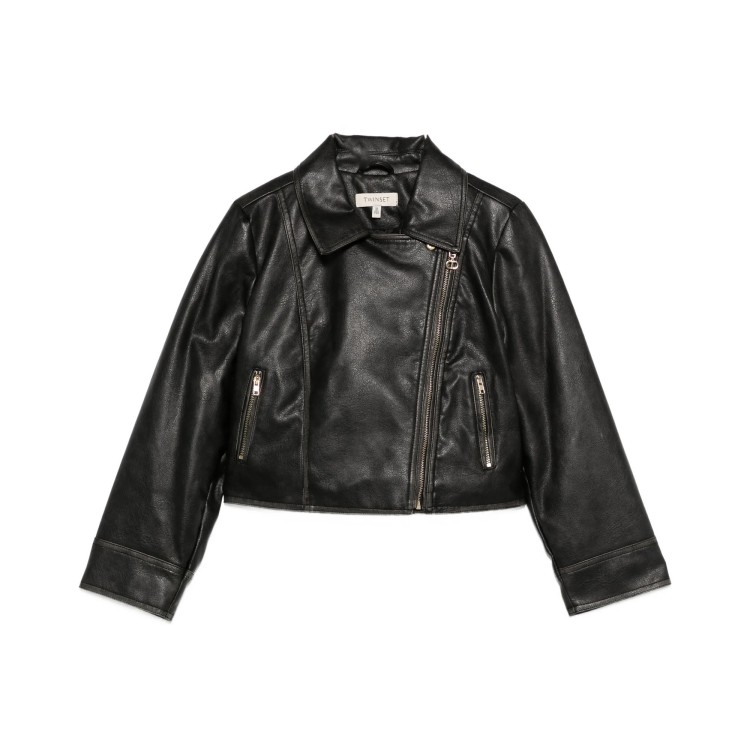 TWIN-SET Chiodo nero imbottito spalmato bambina