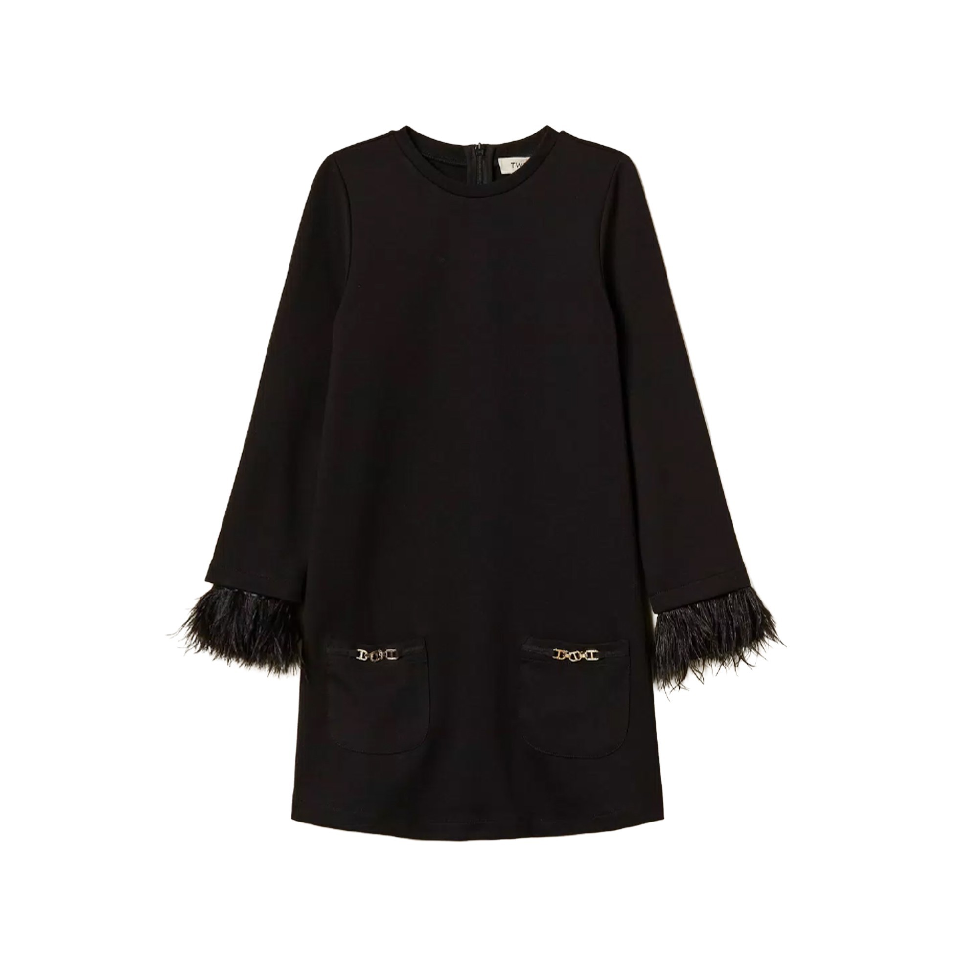 TWIN-SET Abito nero con tasche e piume bambina
