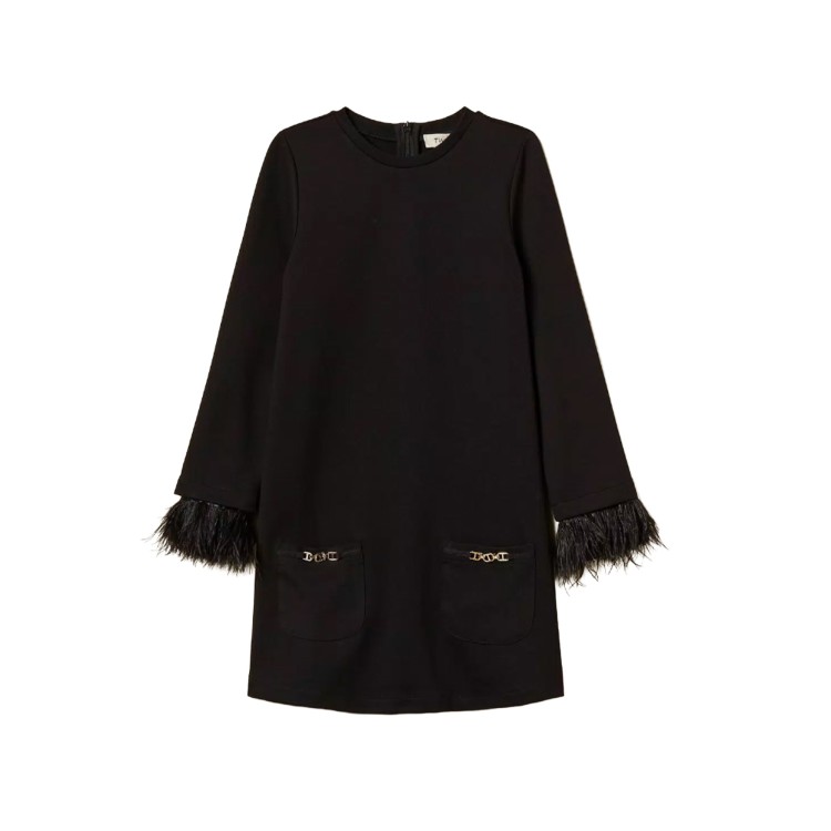 TWIN-SET Abito nero con tasche e piume bambina