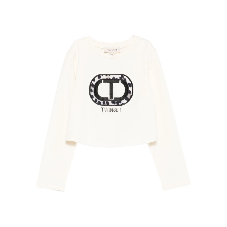 TWIN-SET T-shirt crema logo leopardato bambina