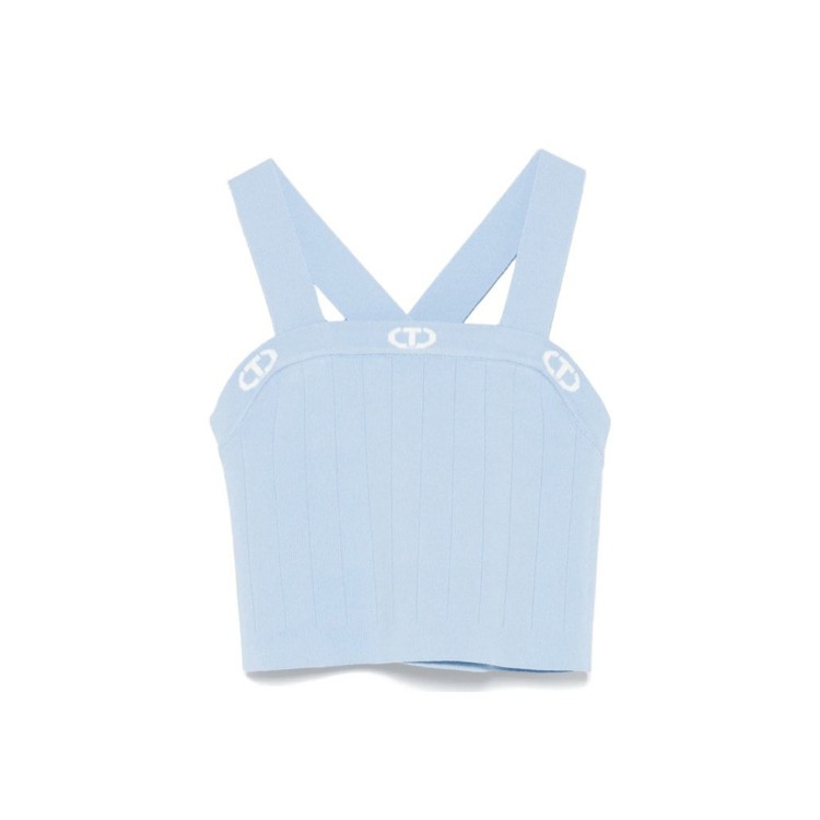 TWIN-SET Top celeste a coste in filo bambina