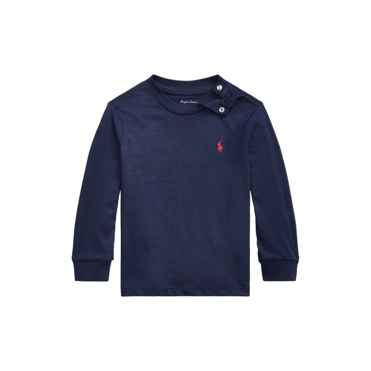 RALPH LAUREN T-shirt blu a manica lunga con ricamo neonati