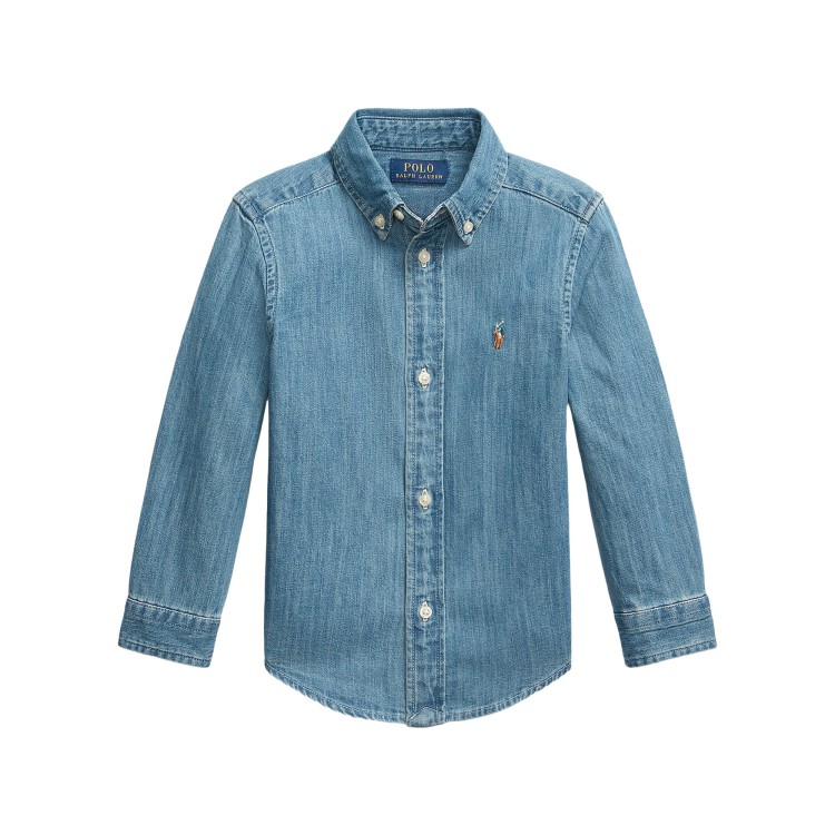 RALPH LAUREN Camicia in denim blu con ricamo bambino