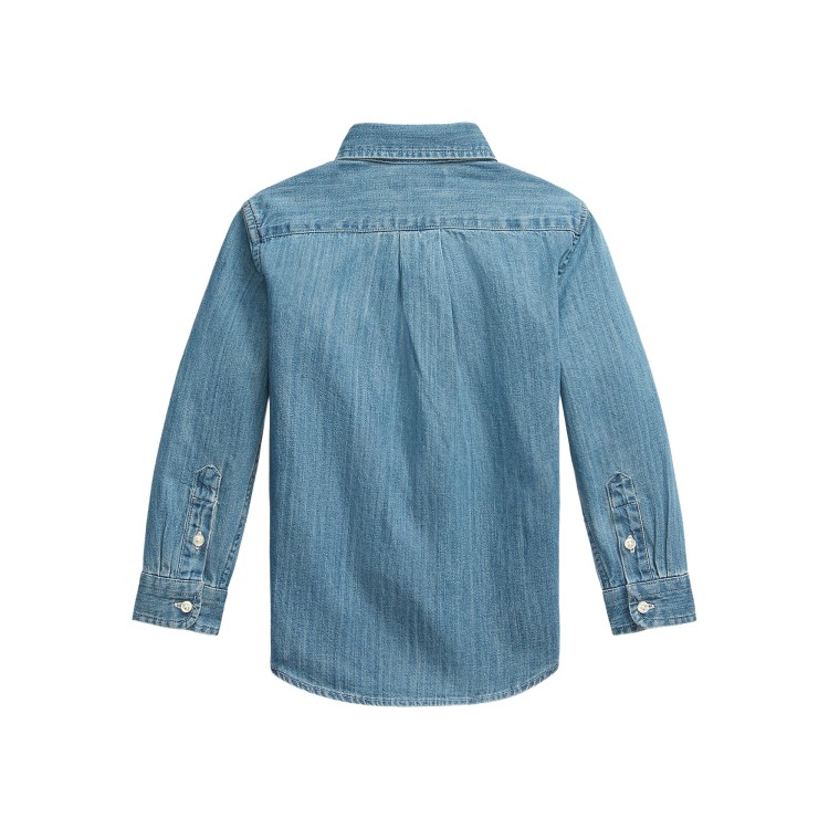 RALPH LAUREN Camicia in denim blu con ricamo bambino