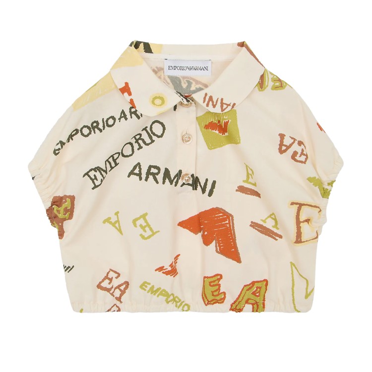 EMPORIO ARMANI Camicia collo claudine a maniche corte ecru neonata
