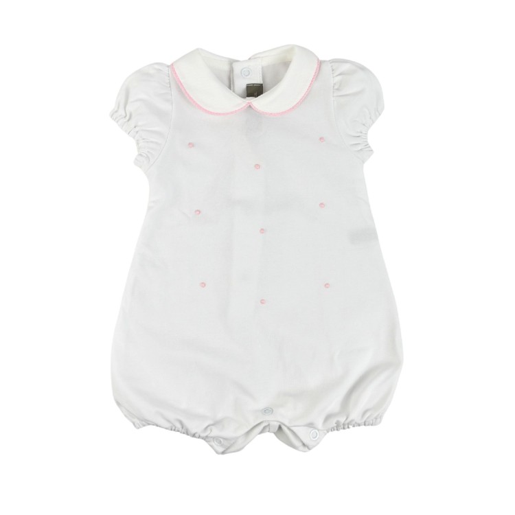 LITTLE BEAR Pagliaccetto in cotone bianco ricamo rosa neonata