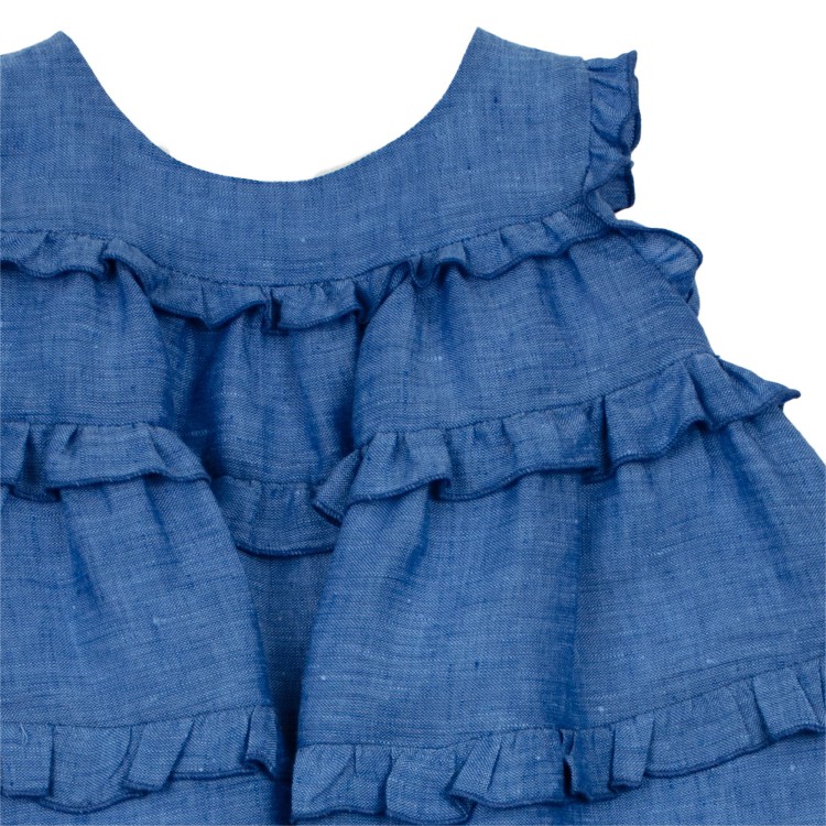 LITTLE BEAR Abito giromanica  in lino azzurro per neonata