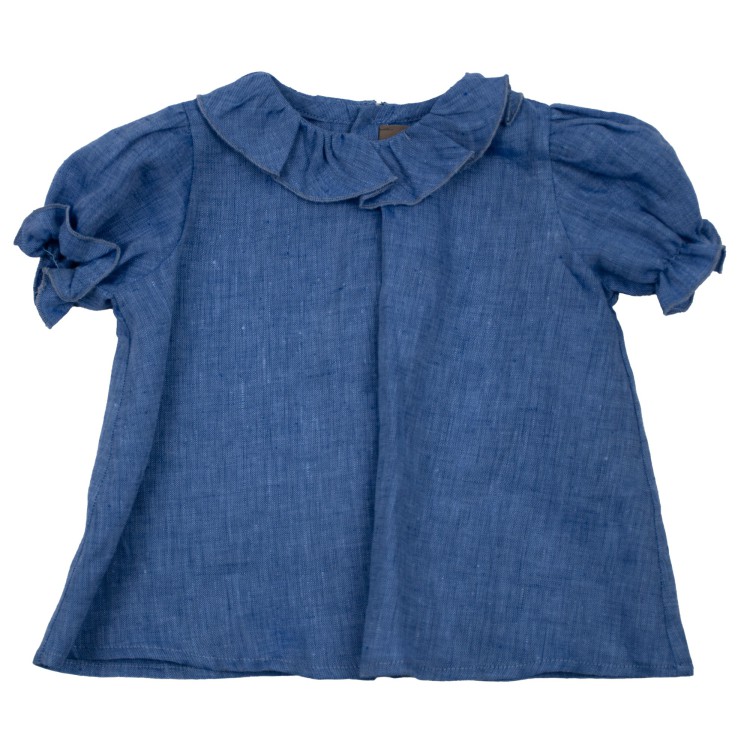 LITTLE BEAR Camicia in lino con rouches azzurra neonata