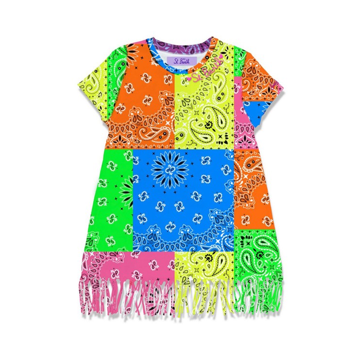 SAINT BARTH Abito con frange in cotone stampato bandana per bambina