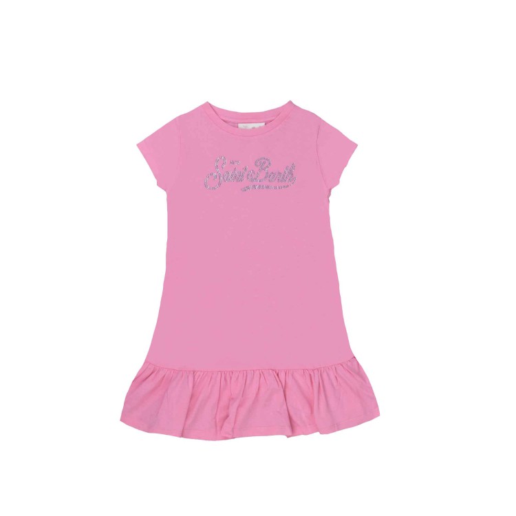 SAINT BARTH Abito rosa con logo strass bambina