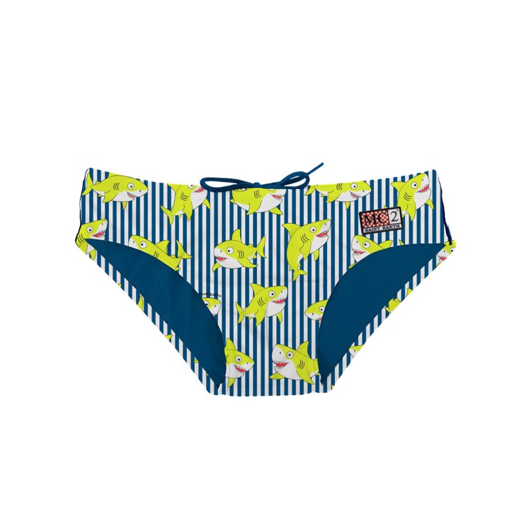 SAINT BARTH Slip da bagno blu a righe con squali bambino
