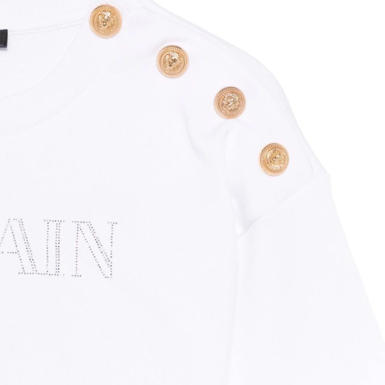 BALMAIN Felpa bianca cropped con logo strass bambina
