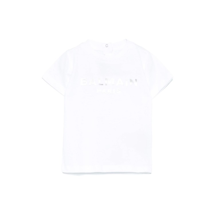 BALMAIN T-shirt bianca con logo argentato neonati